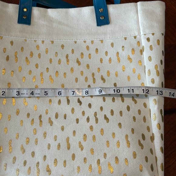 Stylish Holiday Cream and Gold Canvas Tote Bag with Blue Handles - Picture 6 of 8